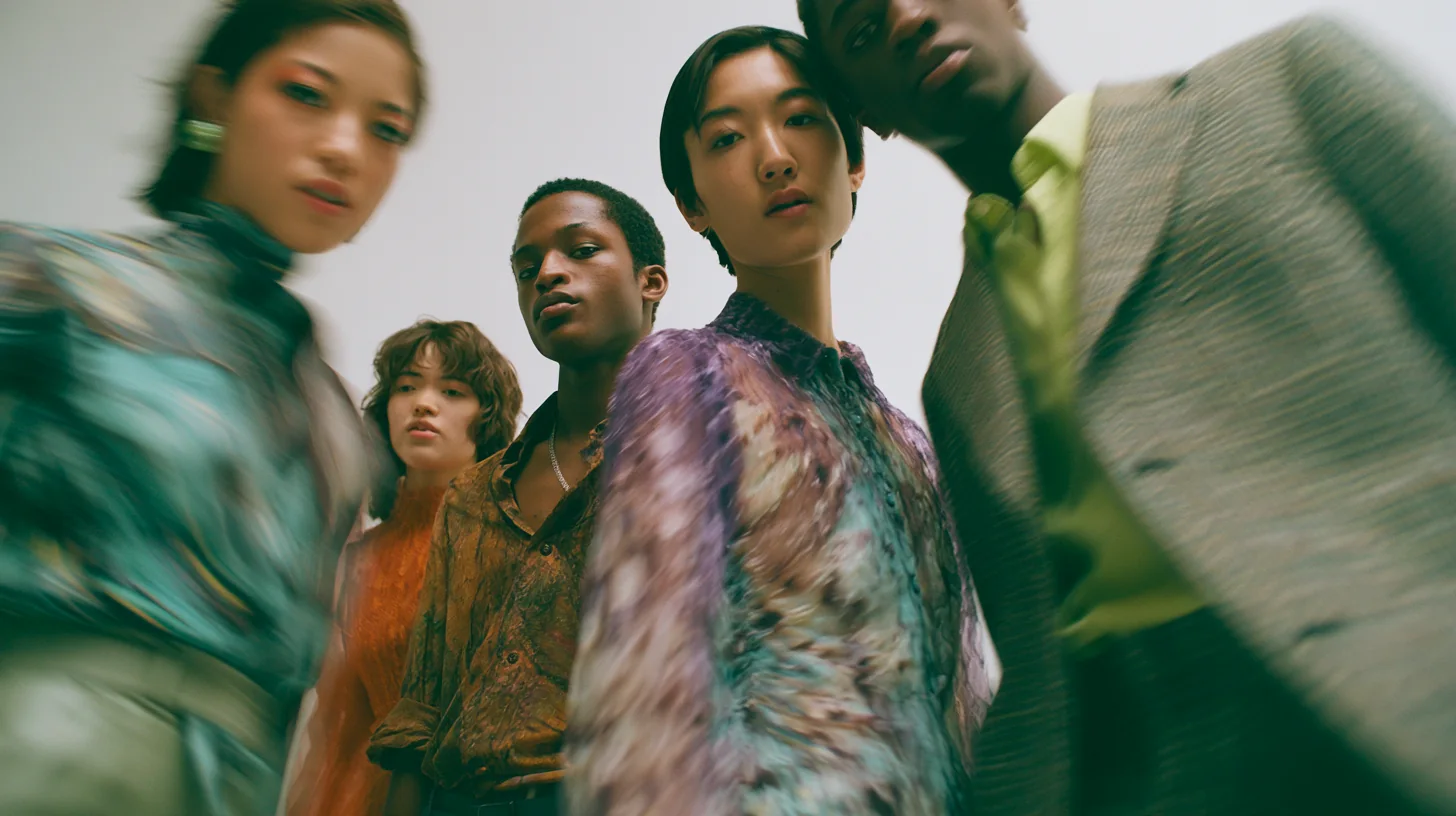 Five fashion models photographed from below, wearing textured garments in green, ochre and violet