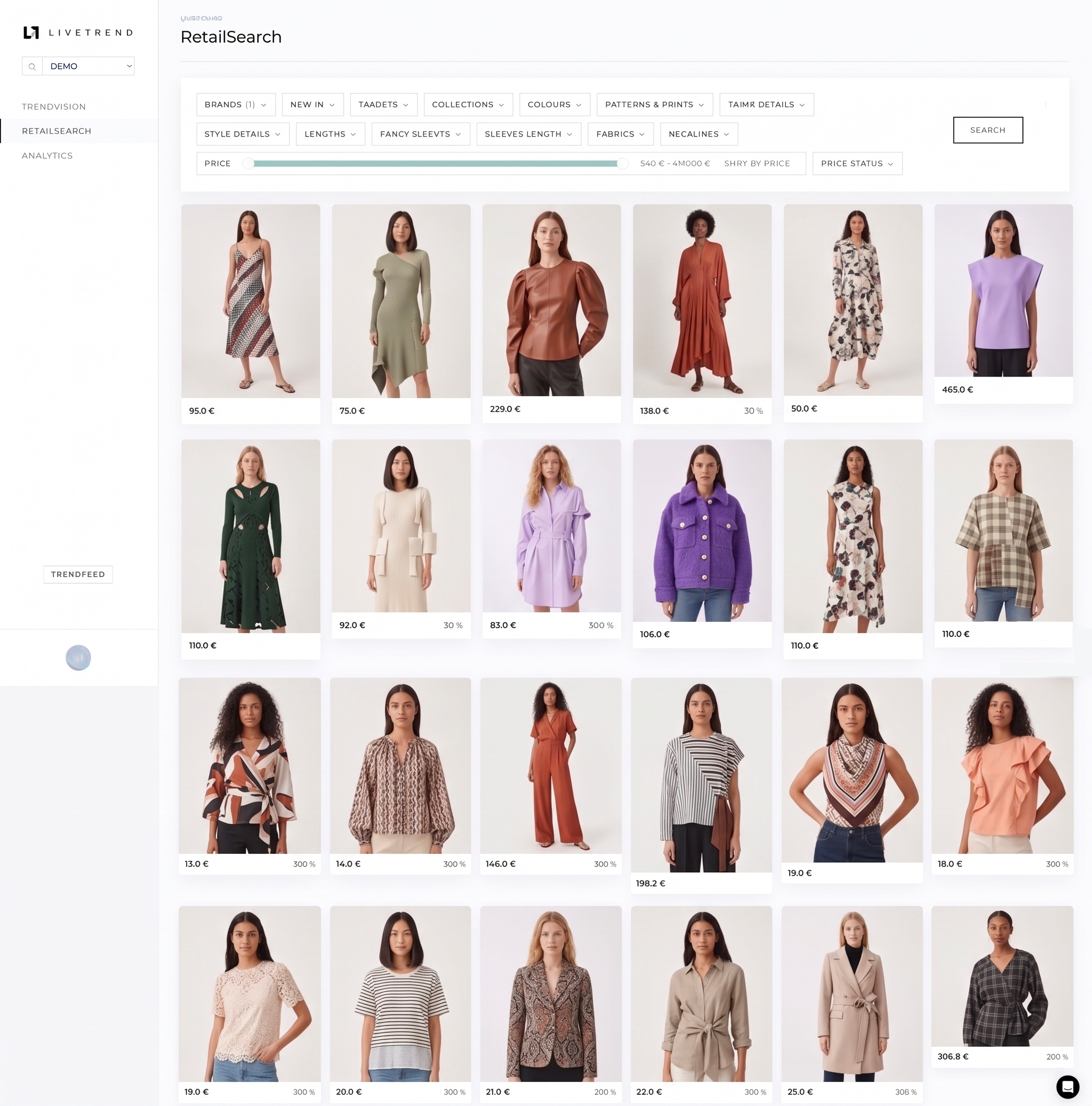 Livetrend RetailSearch catalogue showing product filters, fashion product images and prices