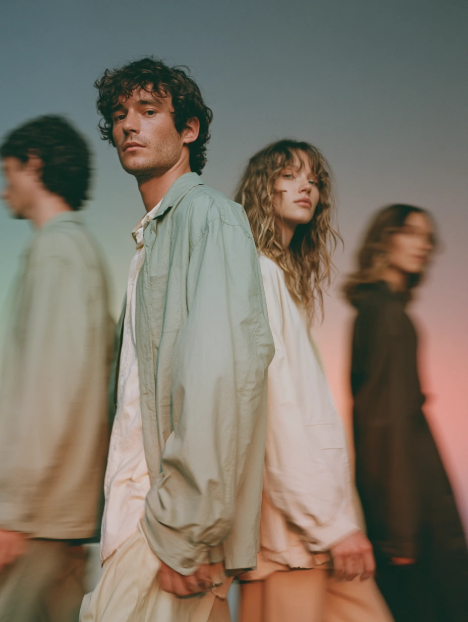 Fashion models in a studio wearing soft mint, cream and earth-toned garments