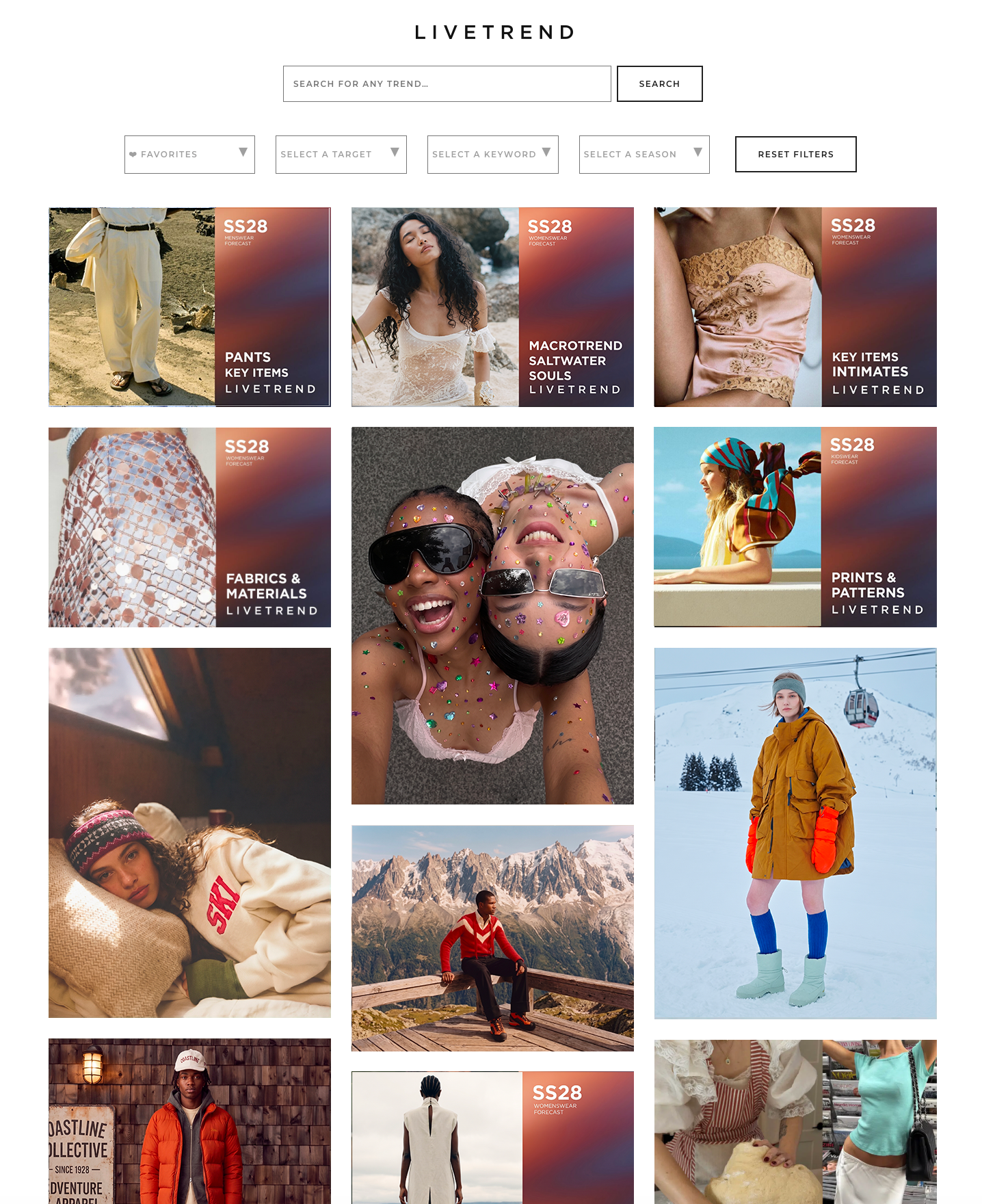TrendFeed catalogue with search and filters above SS28 reports and fashion inspiration