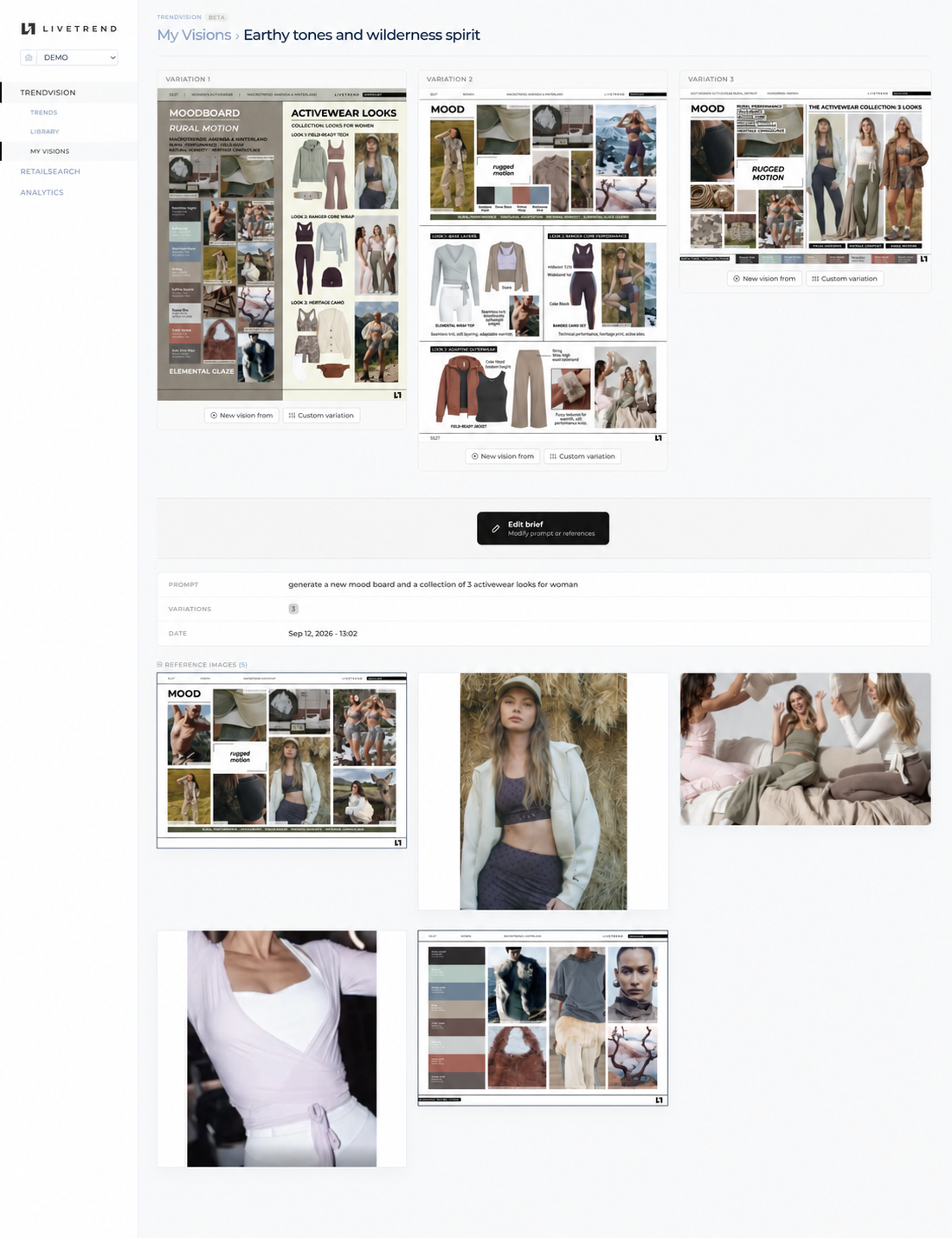 TrendVision My Visions displaying three variations of Earthy tones and wilderness spirit with moodboards, activewear looks and reference images